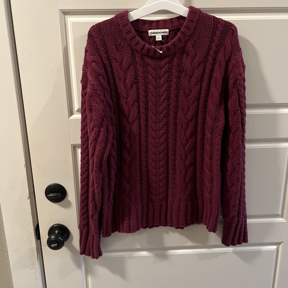 J.CREW Burgundy Cable Knit Pullover Sweater Long Sleeve Cotton Sz S